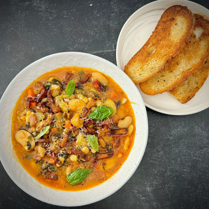Beans stew with Swiss chard, guanciale & Parmigiano Raggiano