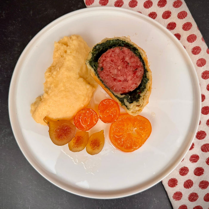 Cotechino en croute with Parmigiano polenta and mixed fruit mostarda