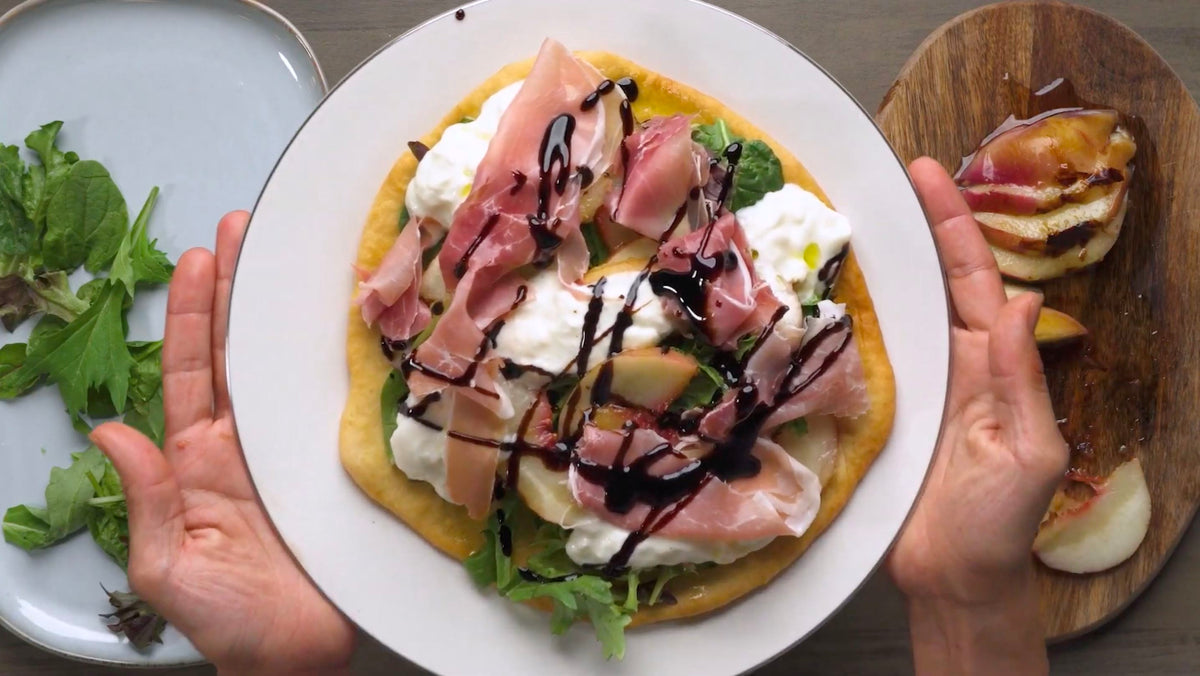 🍑 Grilled Peaches Flatbread with Burrata & Prosciutto⁠ 🧀 — Sogno Toscano