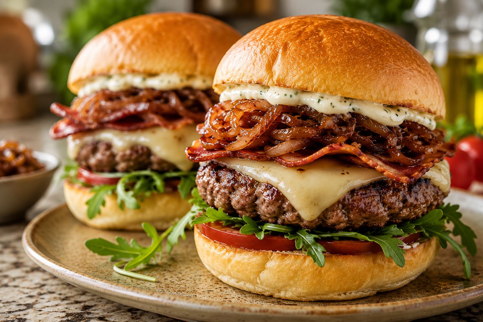 Italian-Style Burger with Smoked Scamorza, Crispy Pancetta & Hot Honey Onions
