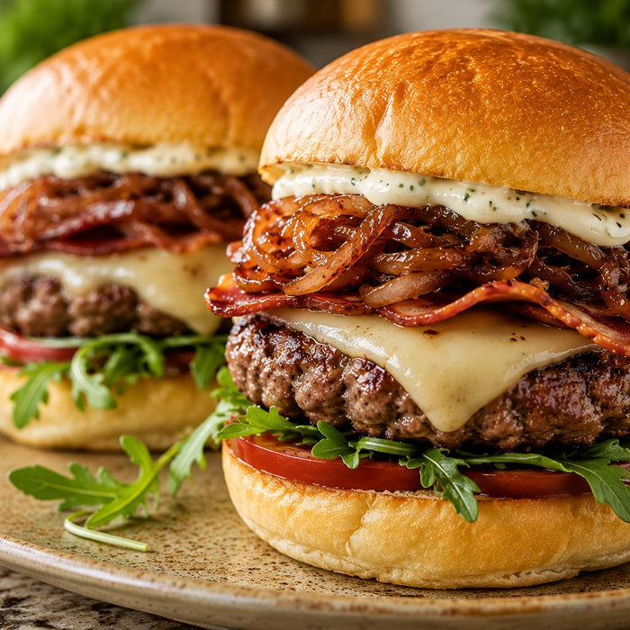 Italian-Style Burger with Smoked Scamorza, Crispy Pancetta & Hot Honey Onions