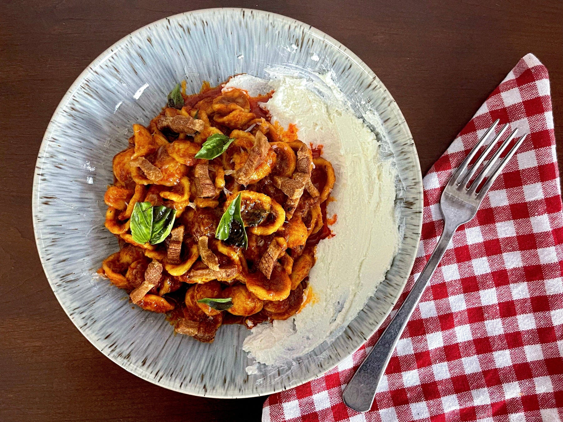 ORECCHIETTE WITH RED PEPPER SAUCE, GUANCIALE & ROBIOLA