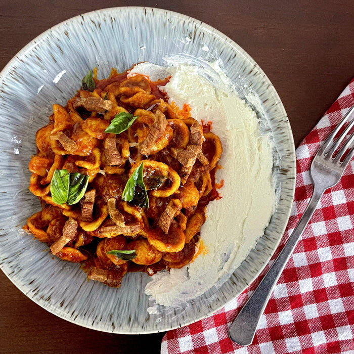 ORECCHIETTE WITH RED PEPPER SAUCE, GUANCIALE & ROBIOLA