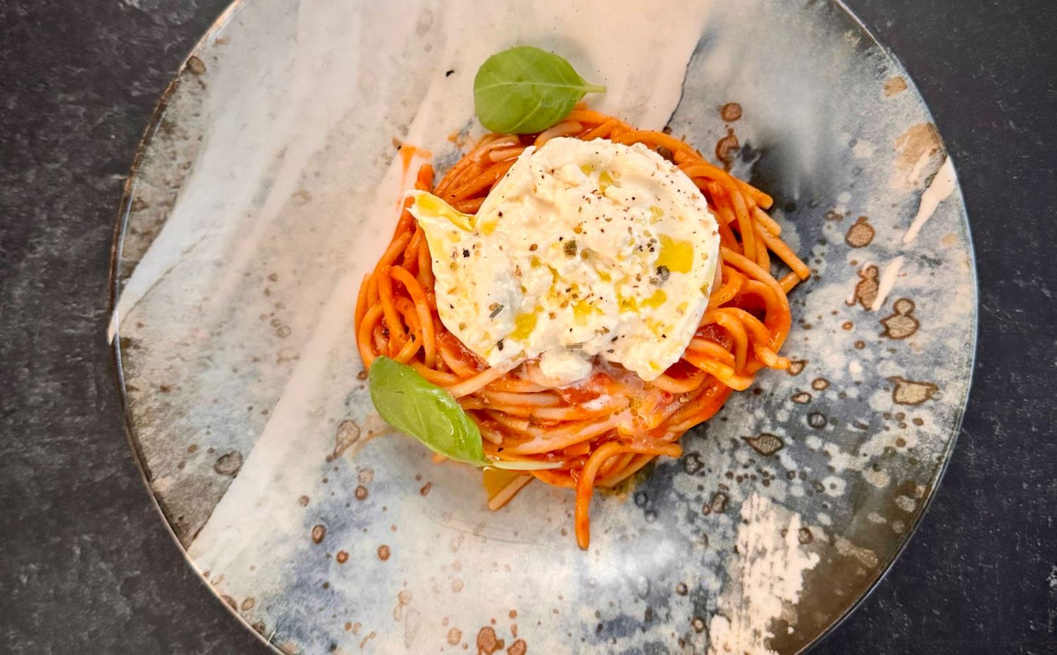 Spaghetti Chitarra with Tomato & Basil Sauce, Parmigiano and Burrata