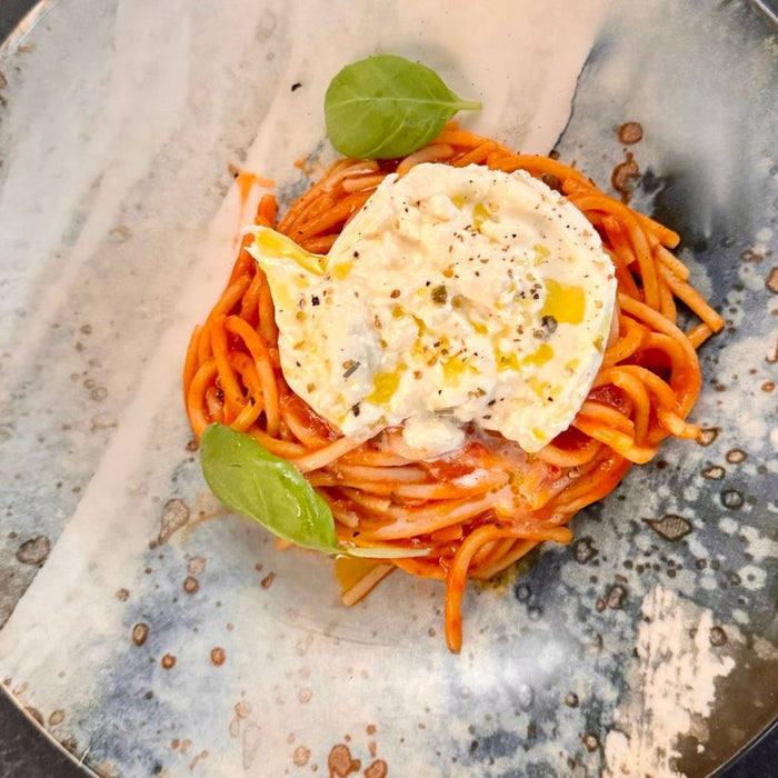 Spaghetti Chitarra with Tomato & Basil Sauce, Parmigiano and Burrata