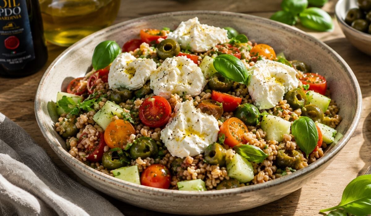 Tuscan Farro Salad with Burrata, Castelvetrano Olives & Sardinian EVOO