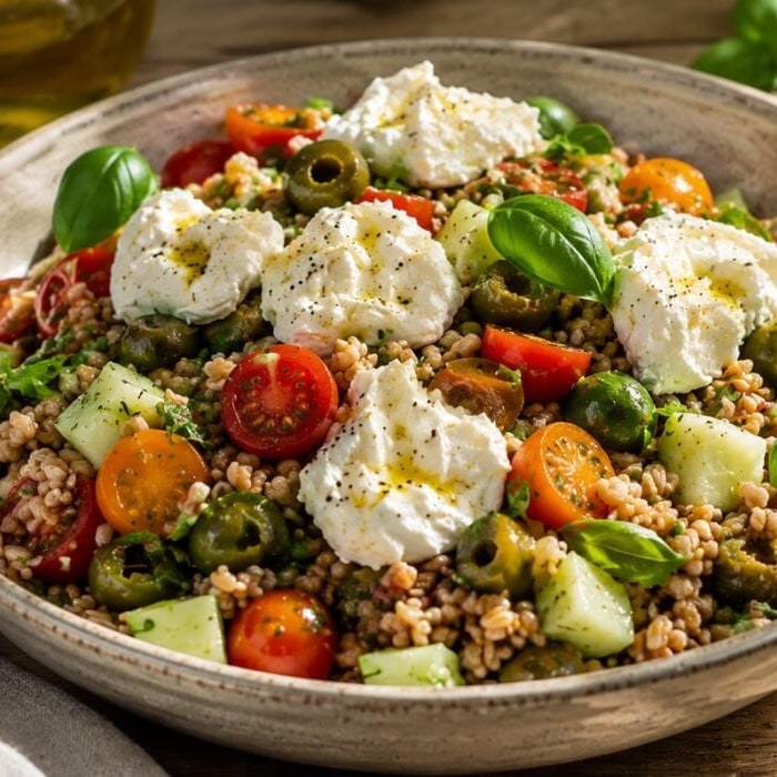Tuscan Farro Salad with Burrata, Castelvetrano Olives & Sardinian EVOO
