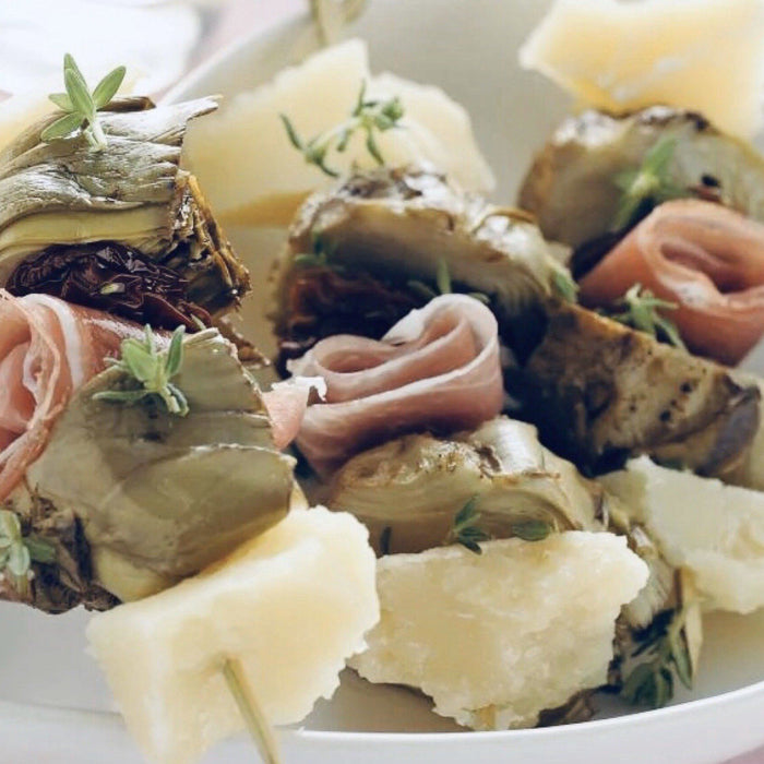Tuscan Skewers with Parmigiano, Artichokes and Prosciutto